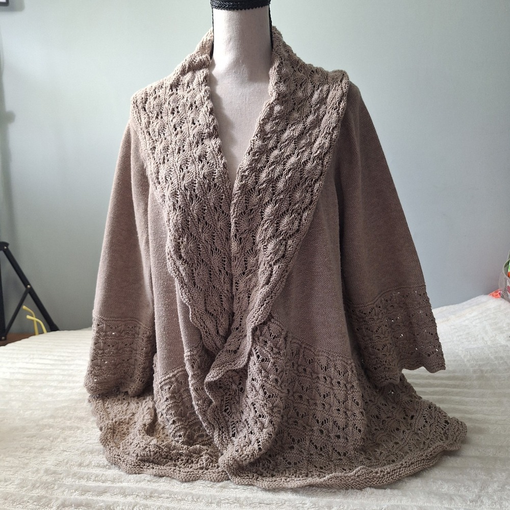 Crochet Ruffle Open Front Cardigan Sweater Womens 2X Mocha Boho Festival Career
